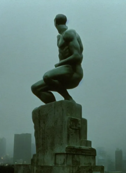 Image similar to giant the thinker statue in the blade runner ( 1 9 8 2 ) city