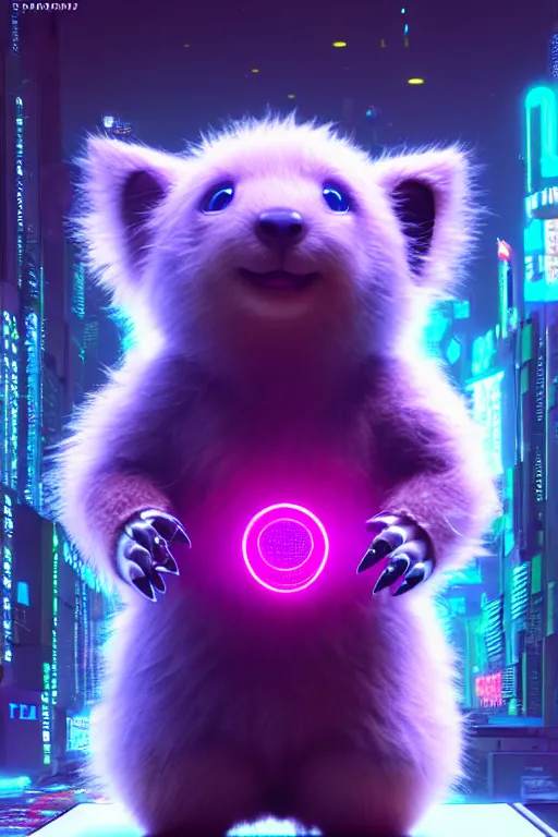 Image similar to high quality 3 d render post - cyberpunk very cute fluffy! wombat!! cyborg, mechanical paw, highly detailed, unreal engine cinematic smooth, in the style of detective pikachu, hannah yata charlie immer, neon purple light, low angle, uhd 8 k, sharp focus