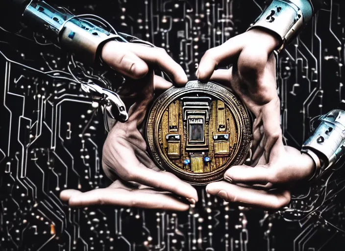 Image similar to mechanical cybernetic hands holding a coin that's worth 1 human soul, to be traded in hell. centered. horror cyberpunk dystopia style. highly detailed 8 k. intricate. nikon d 8 5 0 3 0 0 mm. award winning photography.