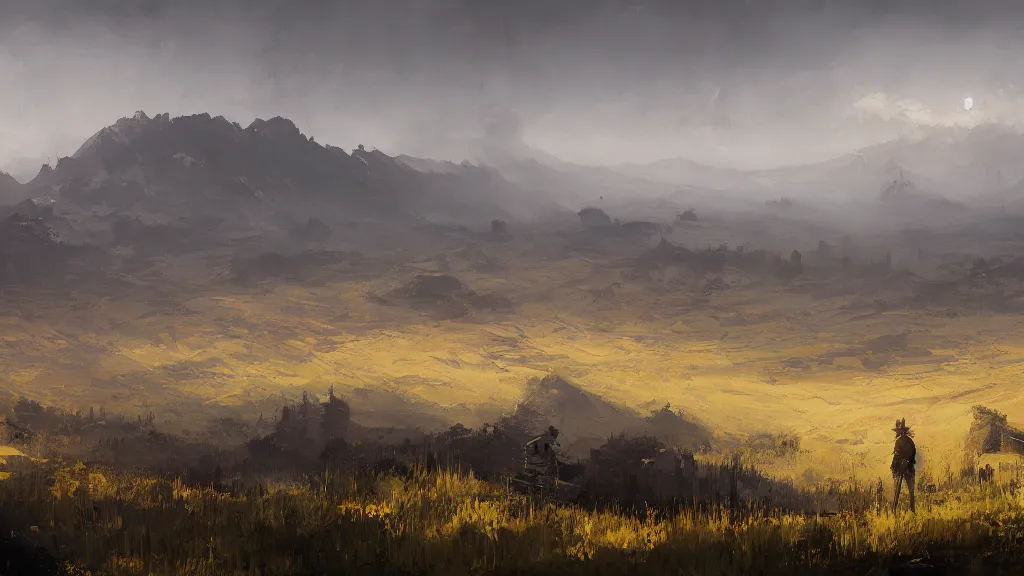 Image similar to panorama view of hills, papyrus, watercolored, jakub rozalski, dark colours, dieselpunk, artstation