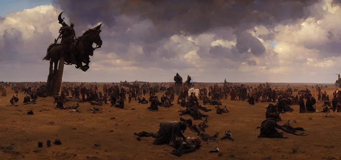 Image similar to The arms of god and death, wide shot, epic scale, photorealistic, muted colors, long shadows, split image, by Ilya Repin Greg Rutkowski Asher Duran