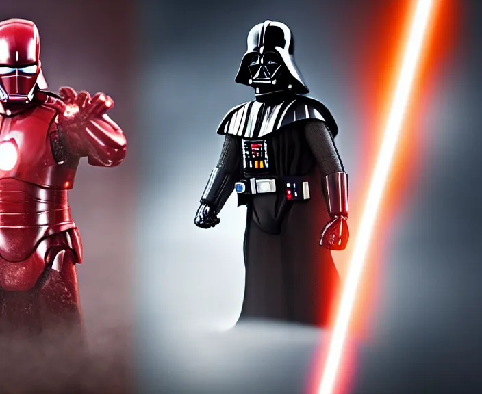 Prompt: 4 k hd, high detail photograph of darth vader and iron man, shot with sigma f / 4. 2, 2 5 0 mm sharp lens, wide shot, consistent, volumetric lighting, high level texture render