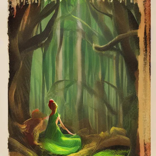 Image similar to vintage travel poster for a fantasy forest, elves are the main focus, green tones, printed