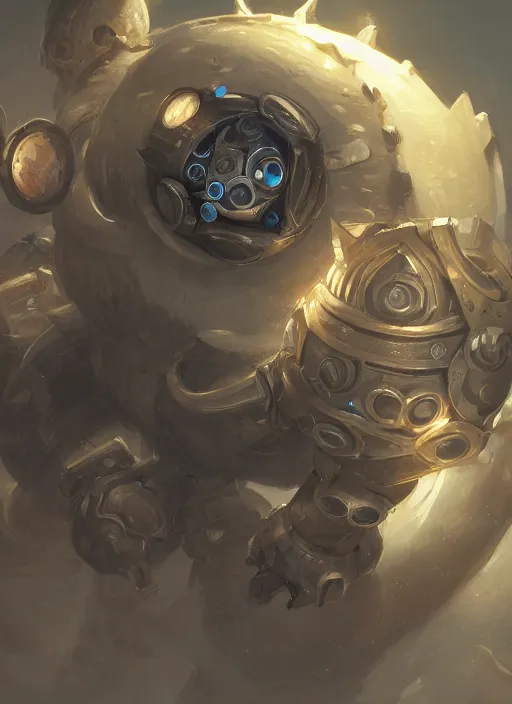 Image similar to a highly detailed illustration of silver gear mechanical giant, with big glowing cute eyes, gentle calm sitting pose, intricate, elegant, highly detailed, centered, digital painting, artstation, concept art, smooth, sharp focus, league of legends concept art, WLOP