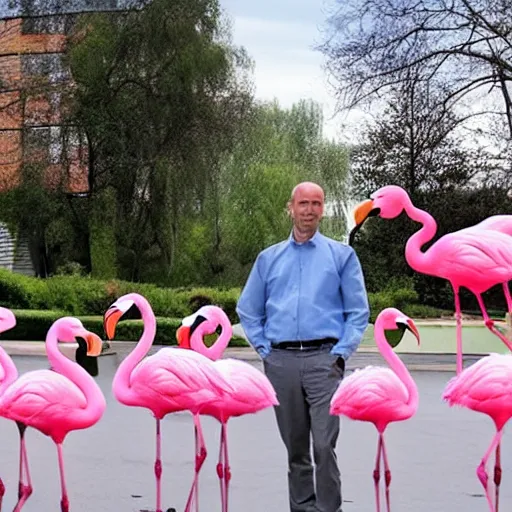 Image similar to swedish medical professor standing in front of hospital entrance with 10 pink flamingo walking by