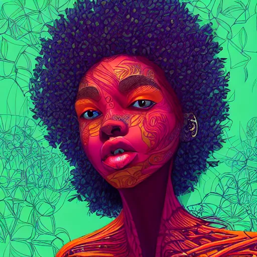 Image similar to the head of a beautiful black woman partially made of carrots and blueberries looking up, an ultrafine detailed illustration by james jean, final fantasy, intricate linework, bright colors, behance contest winner, vanitas, angular, altermodern, unreal engine 5 highly rendered, global illumination, radiant light, detailed and intricate environment