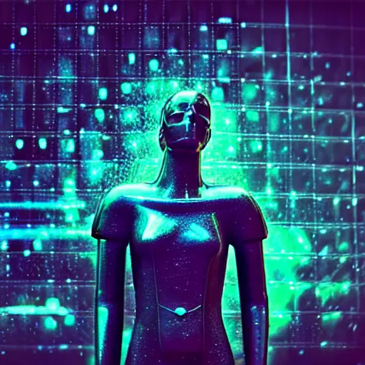 Image similar to cyberpunk statue, rain, space, galaxy