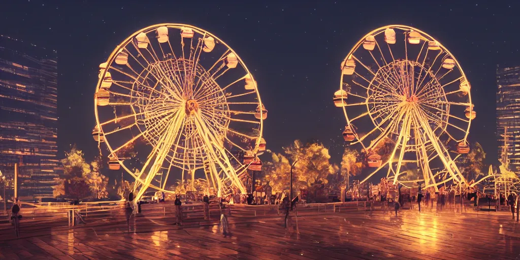 Prompt: a giant ferris wheel at night, hyperrealistic, concept art, octane render, unreal engine 5, trending on artstation, high quality, highly detailed, 8 k hdr, soft lighting, path traced, starry background, bloom, high coherence, symmetrical, high contrast, digital art, serene landscape, cinematic