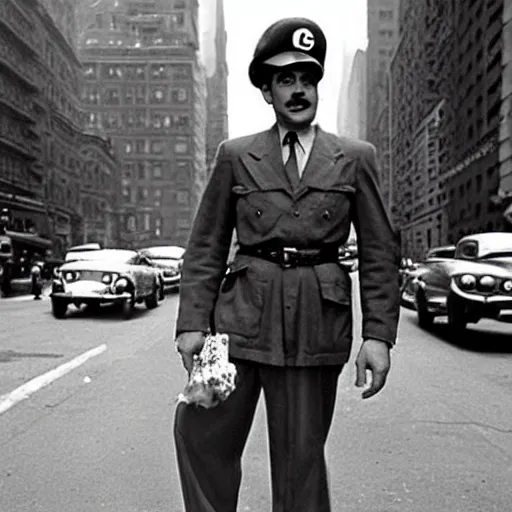 Image similar to super Mario standing in the streets of 1940s new york