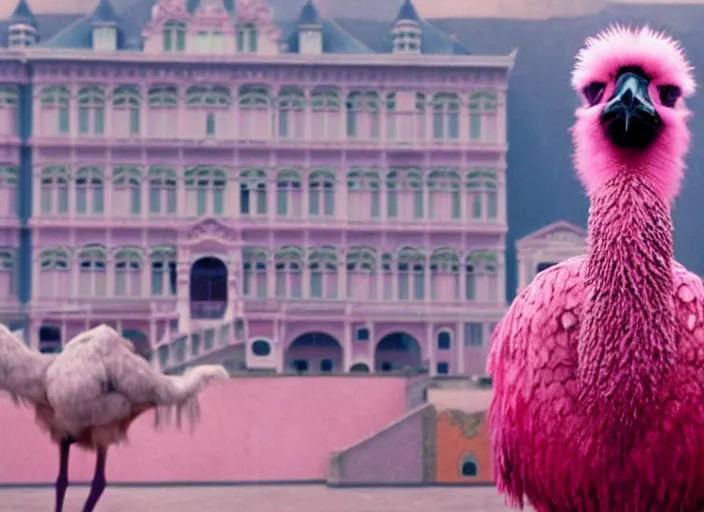 Image similar to a film still of a pompous pink ostrich in the grand budapest hotel ( 2 0 1 4 ) )