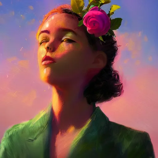 Image similar to closeup, large rose flower head, frontal, a girl in a suit, surreal photography, sunrise, dramatic light, impressionist painting, digital painting, artstation, simon stalenhag