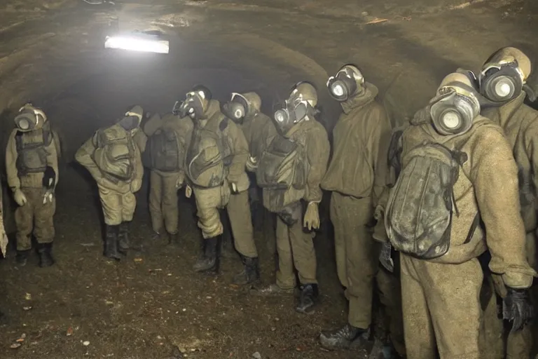 Image similar to police in gas masks in dark Russian tunnels hunting monster