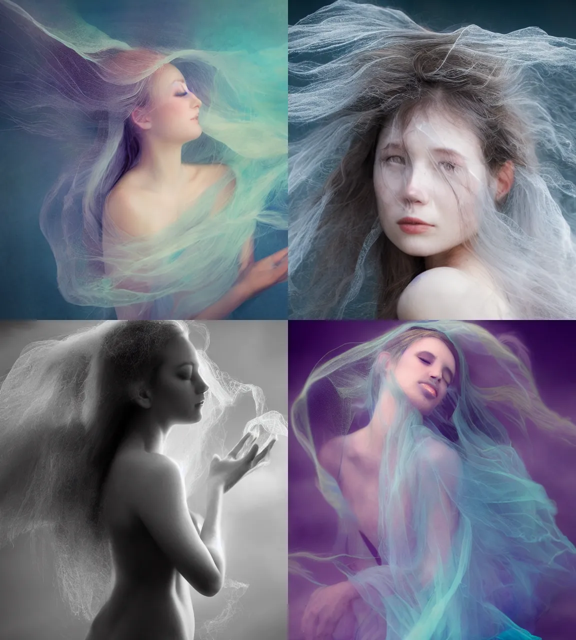 Prompt: Portrait of a beautiful wind nymph aurae, translucent and vaporous body evaporating into wispy tendrils of wind and clouds, wearing ethereal iridescent veils, her etheral hairs dispersing the light, giggling as she flies among the clouds