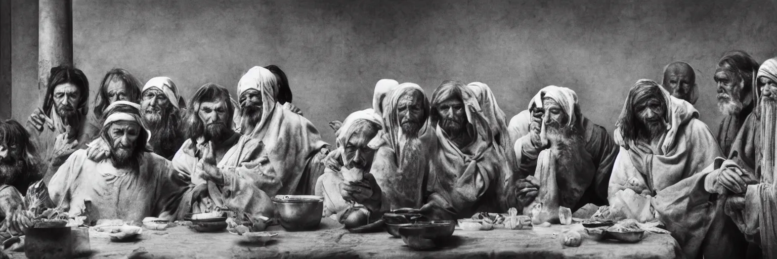 Image similar to Award Winning Editorial 84° wide-angle picture of a Tramps with bowed heads in a Soup Kitchen by David Bailey and daVinci, called 'The Last Supper', 85mm ND 5, perfect lighting, gelatin silver process