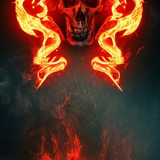 Prompt: hell raiser, field of view, depth of field, artstation, unreal 5, octane render, backlight, vfx, flames, symmetrical features, manic, true to character, epic, motorcycle, movie star, skull, - w 8 3 2