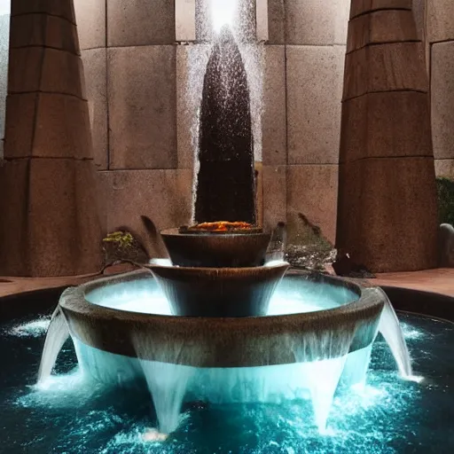 Prompt: magical potions floating in a mystical brutalist space while fountains flow out of oranges