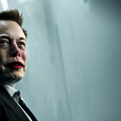 Image similar to stunning awe inspiring elon musk as the joker movie still 8 k hdr atmospheric lighting