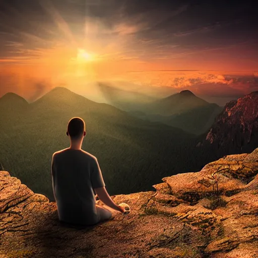 Image similar to photorealistic man meditates on a mountaintop, looking into the horizon, magical, impressive, infinity, sunset light, Atmospheric phenomenon, matte painting, dream-like award-winning digital art, muted colors, conceptual