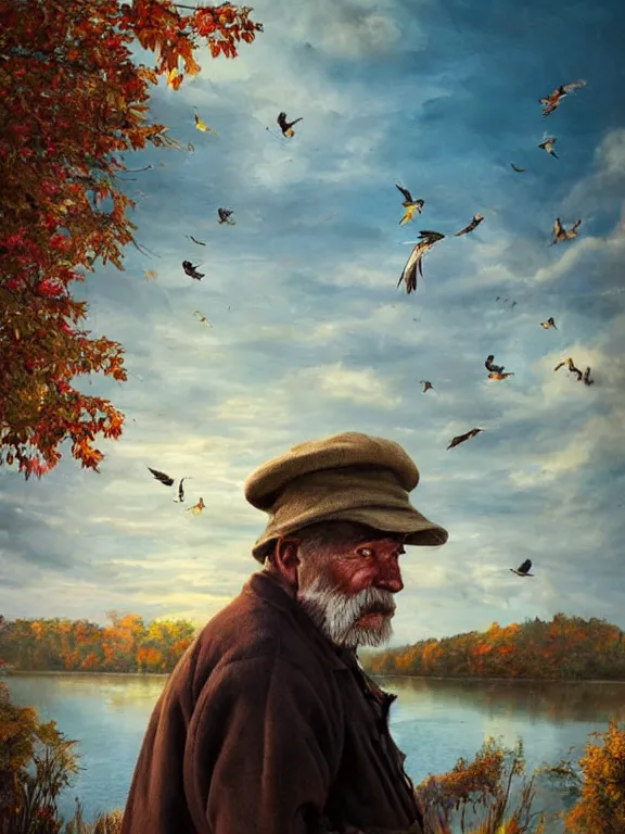 Prompt: realistic renderings portrait of very old fisher man portrait with a hat, wearing a fisher 🧥, coloured wears, ( ( ( ( ( a bird in the sky ) ) ) ) ) ponton port scene background, astonishing scenes, detailed, photorealism, volumetric lighting, autumn lights colors, ultra detailed