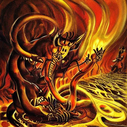 Prompt: hornet headed demon in a Dante’s inferno hellscape, molten, reflections, flames, shadows, intricate detail, famous painter,