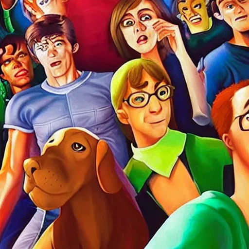 Prompt: an ultra - realistic portrait painting of scooby and the gang in the style of alex ross. 4 k. ultra - realistic. highly detailed. epic lighting.