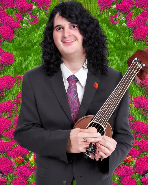 Image similar to tiny tim with long curly black hair wearing a plaid suit tiptoes thru the tulips holding his ukelele full portrait shot by mandy jurgens, wow, just had his hair did, can you beleive that haircut?, 4k, digital art,