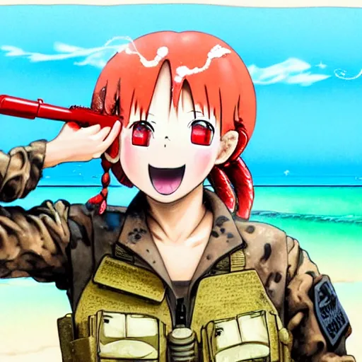 Image similar to Extremely Detailed and Full Portrait scene of Gooey Ocean scene in ink and refined sand, Red head pigtail anime woman with Military gear. Wearing a Army vest full body smiling while eating a sloppy cheese burger. The cheeseburger is leaking red sauce all over the beach by Akihito Yoshitomi AND Yoji Shinkawa AND Greg Rutkowski, Mark Arian trending on artstation