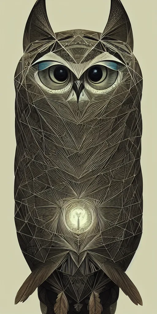 Image similar to portrait of a geometric owl, identical eyes, medium shot, illustration, full body made of white feathers, symmetrical, art stand, super detailed, cinematic lighting, and its detailed and intricate, gorgeous, by peter mohrbacher