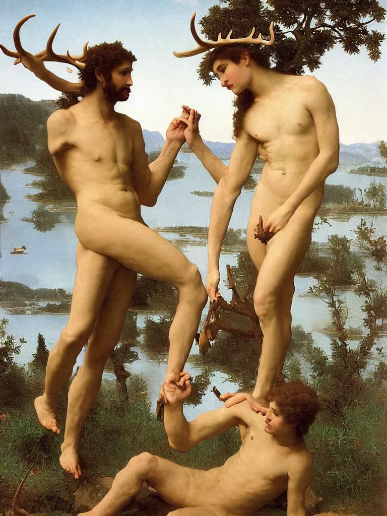 Image similar to a perfect male god with antlers by the lake, by bouguereau and by andrey remnev