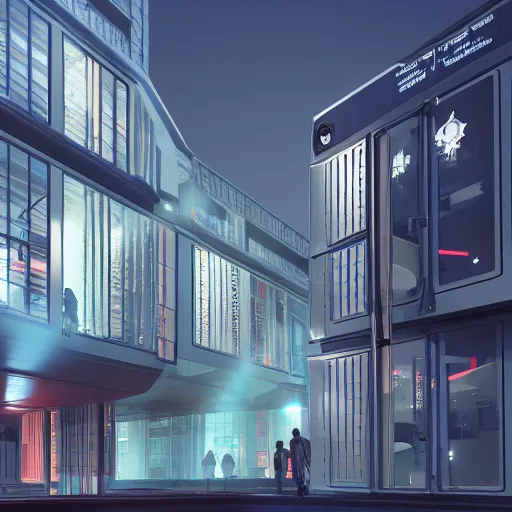 Image similar to architectural render of glowing sci fi container alongside a modern hospital in a pleasant urban setting, award - winning, high res, 4 k, artstation