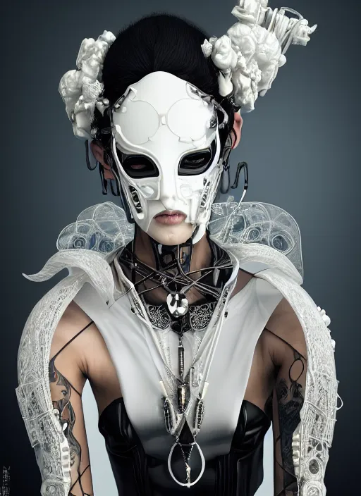 Prompt: a cyborg with a porcelain glass mask, black leather garment with art nouveau ivory accessories, dressed in white intricate lace and jewels, ethereal, misty, cyberpunk, darksynth, luxury, concept art by zeen chin, extremely detailed, artstation, andree wallin, edvige faini, ruan jia, 8 k, unreal engine 5