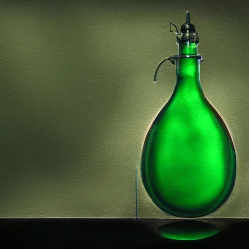 Prompt: a painting of a steampunk voilet greenblue colored potion bottle in a dark dusty vintage science lab, by h. r. giger, hyperrealistic fantasy art, concept matte, ethereal, dreamy, digital art, trending on artstation, volumetric cinematic lighting