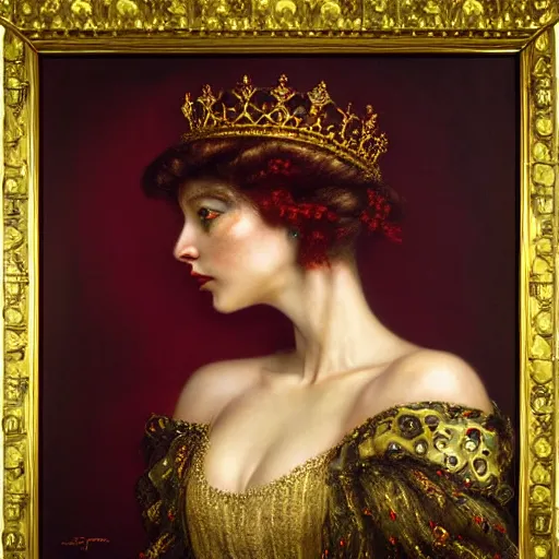 Image similar to highly detailed oil painting | very intricate | cinematic lighting | award - winning | portrait of the queen of roses dressed by alexander mcqueen | by roberto ferri, by tom bagshaw, by j. c. leyendecker and klimt, american romanticism, by austin osman spare, artstation, cgsociety, official art, octane