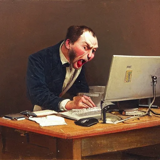 Image similar to an angry man yells at his computer monitor, oil on canvas, 1 8 8 3, highly detailed