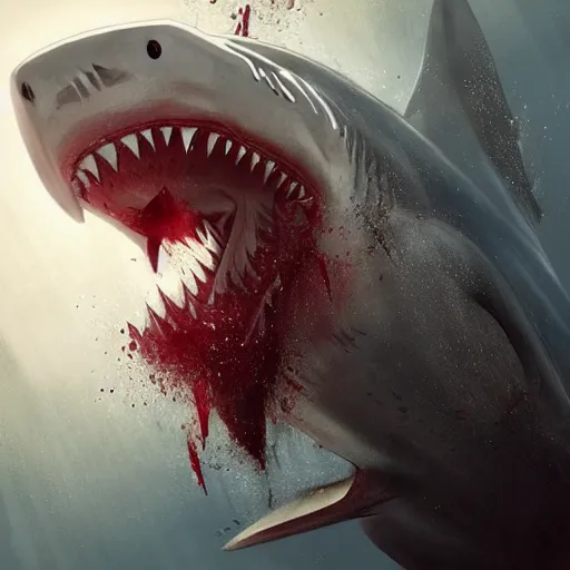 Image similar to a shark underwater with bloody mouth by greg rutkowski