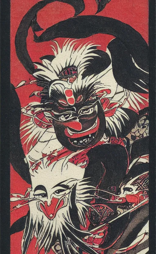 Prompt: by akio watanabe, manga art, portrait of tengu masked demon, dark festival, trading card front