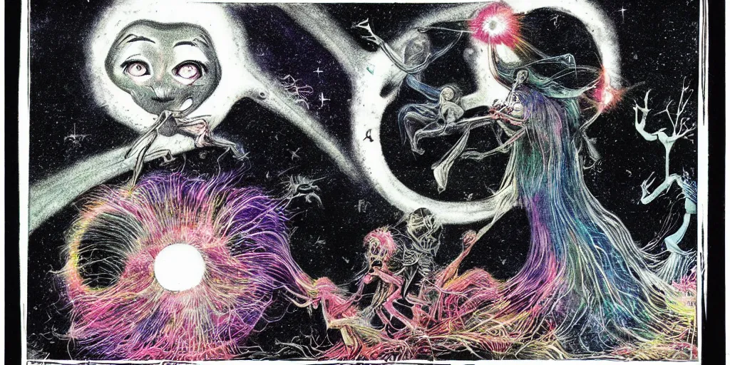 Prompt: dawn of creation ; first atom ; beings of light and darkness ; ethereal plane. bright neon colors. illustrated by maurice sendak and stephen gammell and junji ito