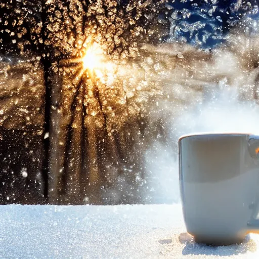 Prompt: cup of coffee steaming in the snow, 4k HD award winning photograph, golden hour, close up