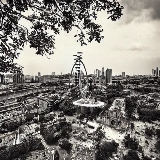 Image similar to A ruined city floating, in the sky, metropolises, modern, overgrown, a giant Ferris wheel