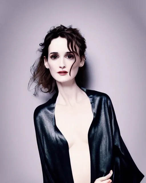 Image similar to gorgeous young winona ryder wearing a futuristic metal kimono, half body portrait, greg kutkowski, sharp details, soft lighting, subsurface scattering, pearls of sweat, glistening skin, warm lighting