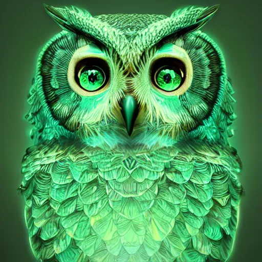 Prompt: wise owl with glowing disney eyes, realistic high detailed scales octane render, portrait, face symmetry, centered, anime style, disney character style green enlightened background