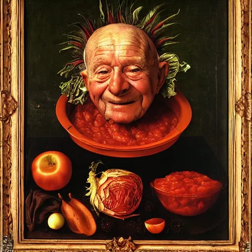 Prompt: a 9 0 year old boy sitting in a tub full of tomato sauce, a lot of cabbage, by giuseppe arcimboldo and ambrosius benson, renaissance, portrait, fruit, intricate and intense oil paint, realistic