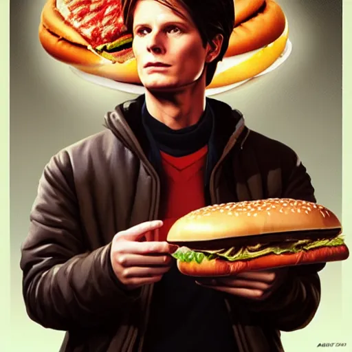Image similar to portrait of Marty McFly eating a giant hamburger , extra onions and ketchup, luscious patty with sesame seeds, feminine ethereal, handsome, D&D, fantasy, intricate, elegant, highly detailed, digital painting, artstation, concept art, matte, sharp focus, illustration, art by Artgerm and Greg Rutkowski and Alphonse Mucha