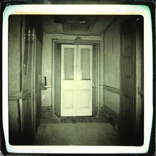 Prompt: a terrifying monster at the end of a hallway, dark!, creepy, nightmare fuel!!!, unsettling, uncanny valley!, old polaroid, expired film,