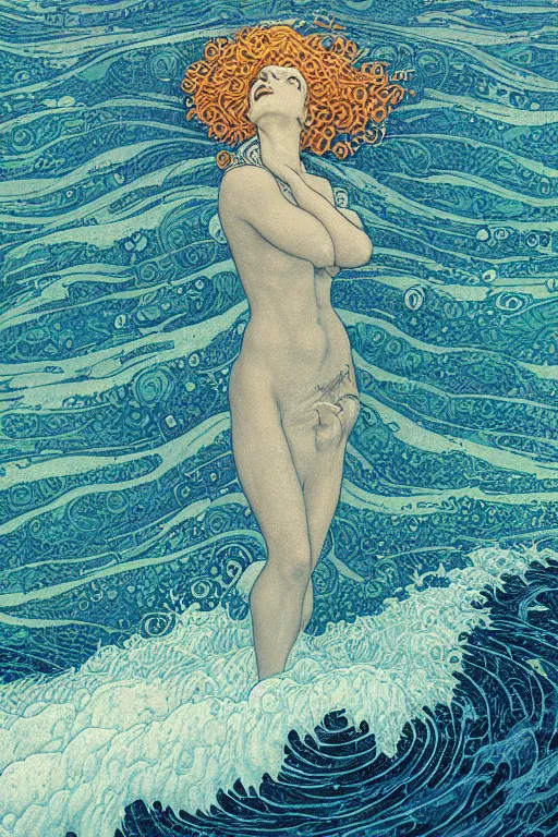 Image similar to a sea witch summoning a giant wave by dan mumford and gustav klimt and john harris and jean delville and victo ngai and josan gonzalez, highly detailed, photorealism, hyperrealistic, art deco, art nouveau