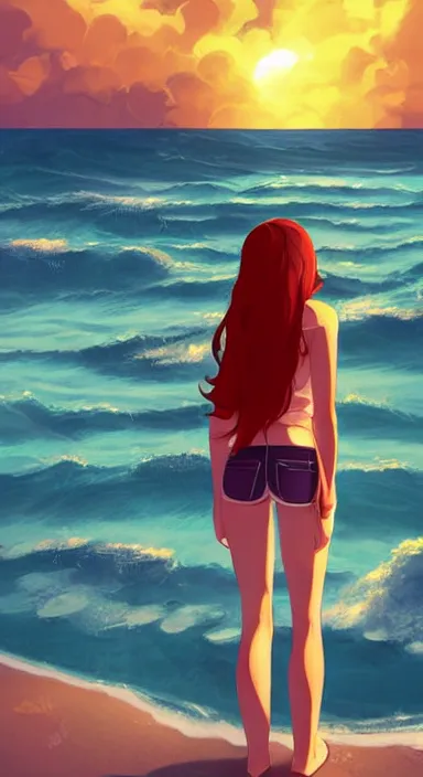 Prompt: lois van baarle, artgerm, helen huang, by makoto shinkai and ilya kuvshino, rossdraws, illustration, art by ilya kuyshuno. cute scarlet red haired cyborg woman, denim shorts, at beach at sunset, beautiful face, smile, clean vector art, exaggerated proportions, looking at me