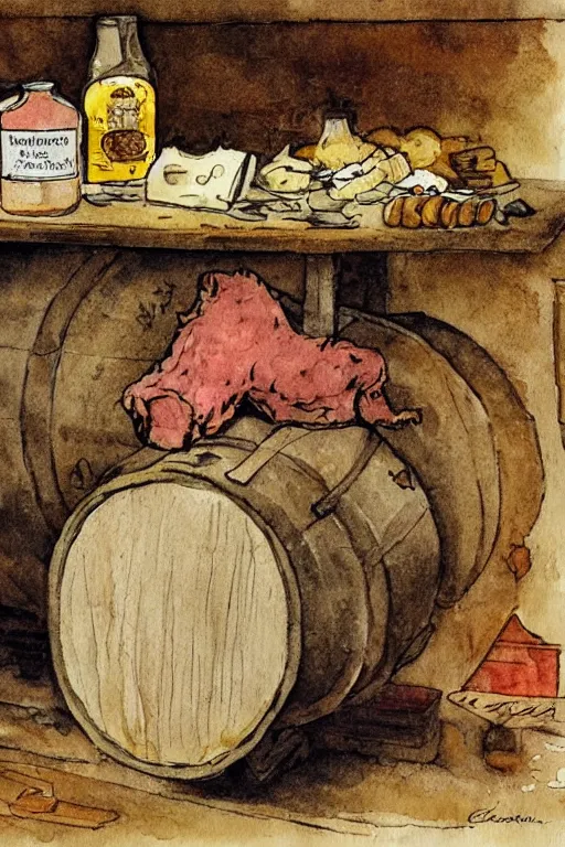 Prompt: pork, meat, schnapps, cheese, candle on a barrel in a cellar, watercolor painting by anderz zorn and carl larsson