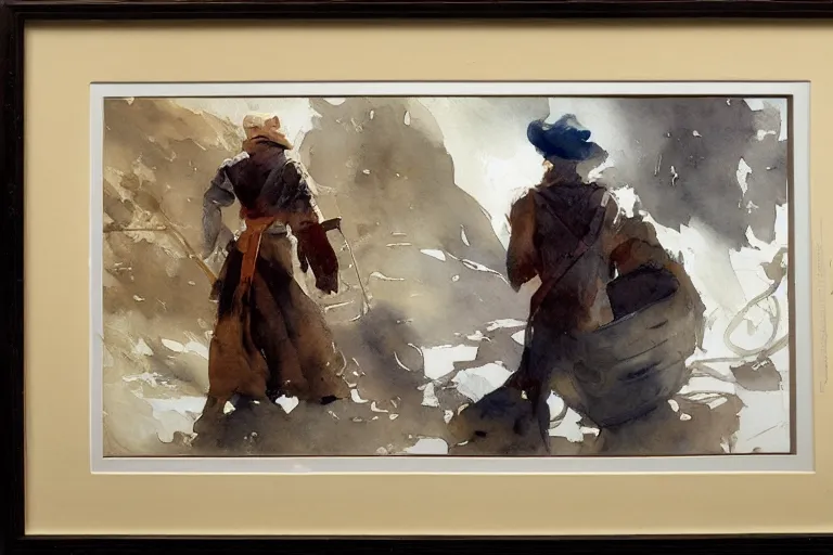 Image similar to small centered on watercolor paper, paint brush strokes, abstract watercolor painting of ancient betlehem herder, cinematic light, national romanticism by hans dahl, by jesper ejsing, by anders zorn, by greg rutkowski, by greg manchess, by tyler edlin