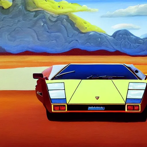 Prompt: Lamborghini Countach in the Arizona desert, oil painting in the style of Roger Dean