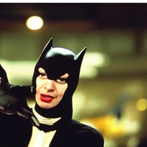 Prompt: “a still of Nathan Fielder as Catwoman in Batman Returns”